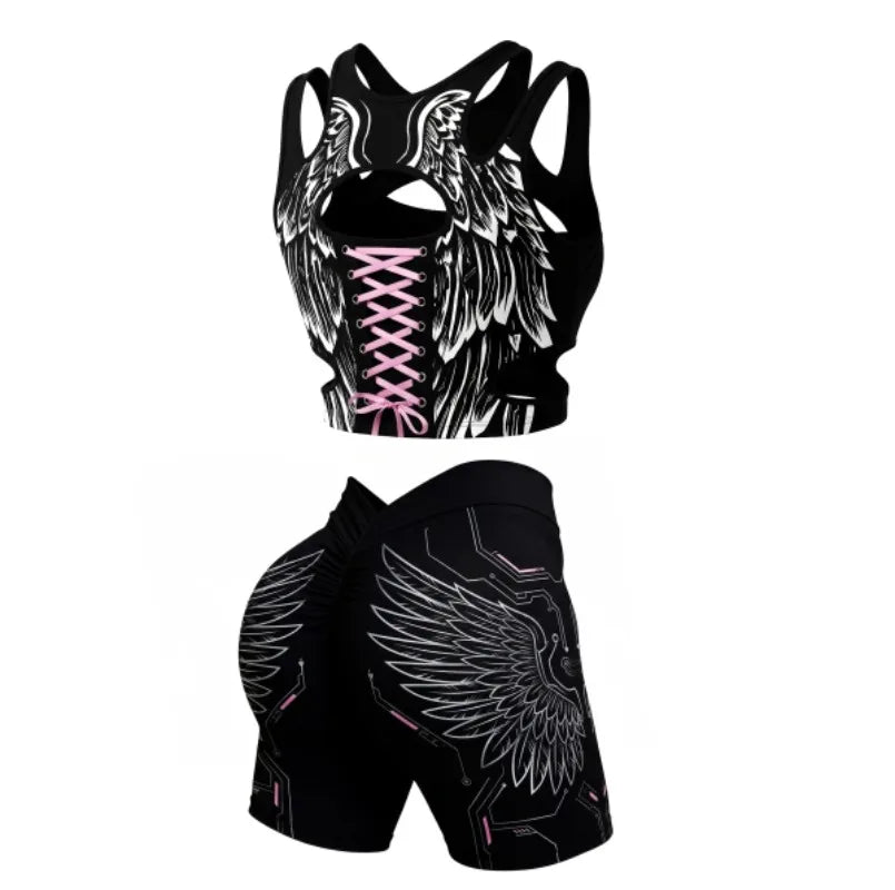 Apex Ritual – Women's Dragon Print 2-Piece Gothic Set – Cutout Tank Top & High-Waist Shorts
