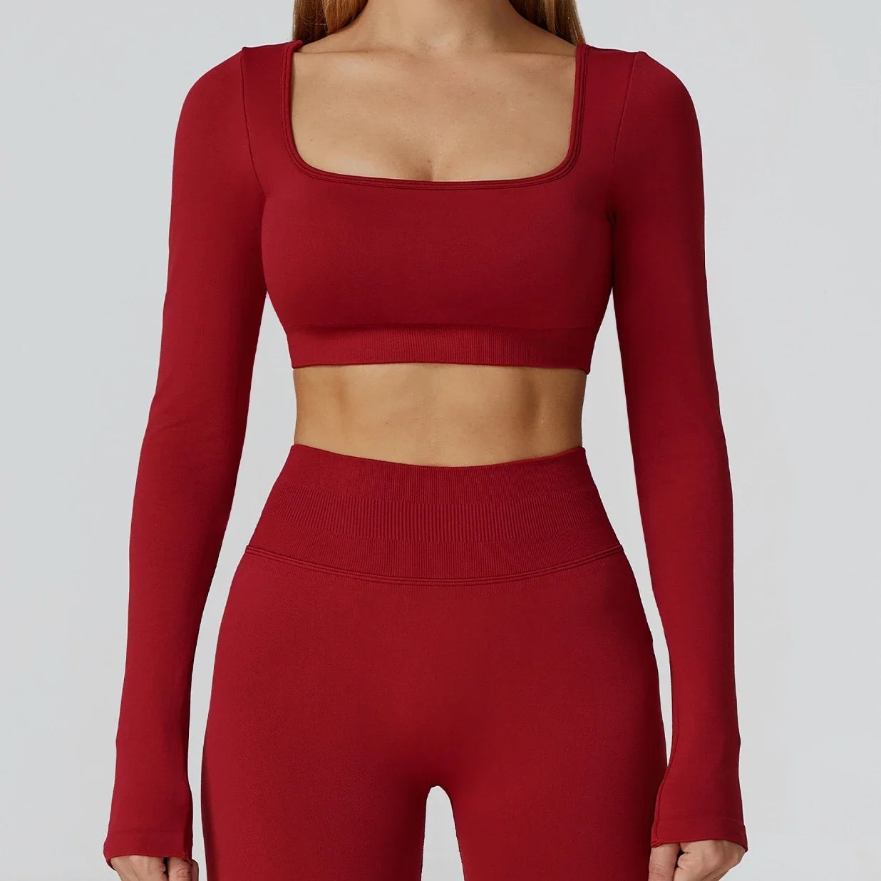 Apex Ritual – Seamless Quick-Dry Sportswear – Women's Square Neck Gym Crop Top & Long Sleeve