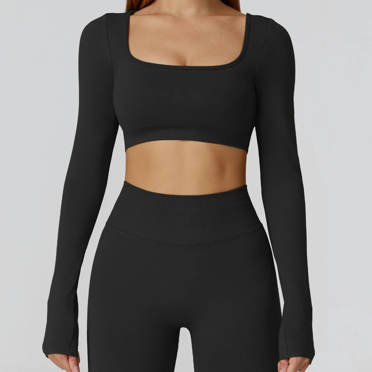 Apex Ritual – Seamless Quick-Dry Sportswear – Women's Square Neck Gym Crop Top & Long Sleeve