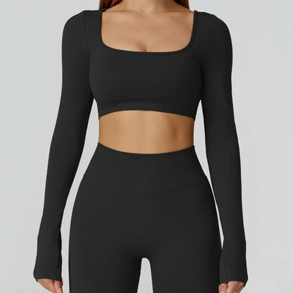 Apex Ritual – Seamless Quick-Dry Sportswear – Women's Square Neck Gym Crop Top & Long Sleeve