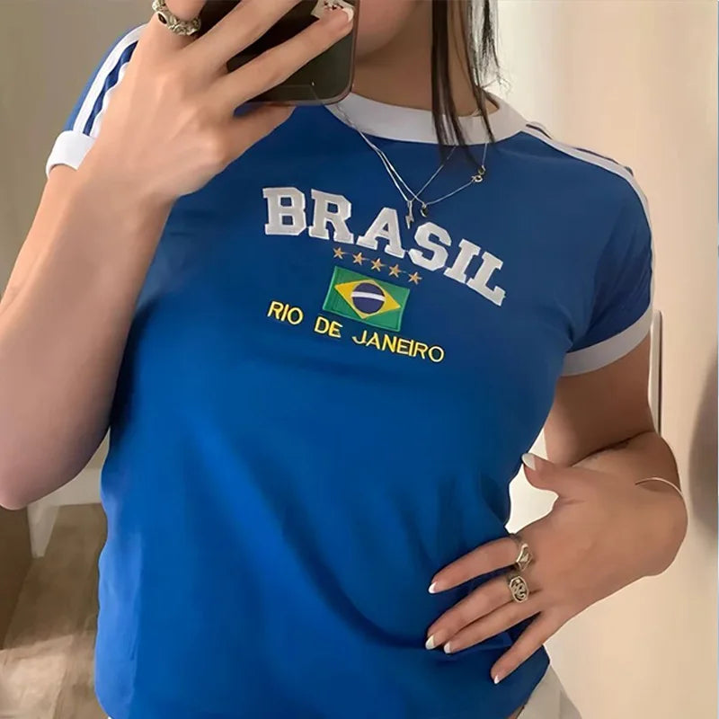 Apex Ritual – Women's Brasil Letter Crop Top & Shorts Set – Y2K Vintage Grunge Summer Suit