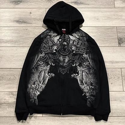 Apex Ritual – Vintage Y2K Skull Print Zip-Up Hoodie – Oversized Hip Hop Pullover Unisex