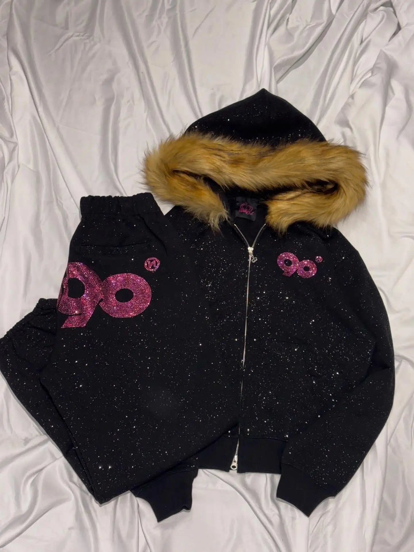 Apex Ritual – 90s Retro Fur Trim Hoodie & Pants Set – Y2K Aesthetic Leopard Print Rhinestone Joggers