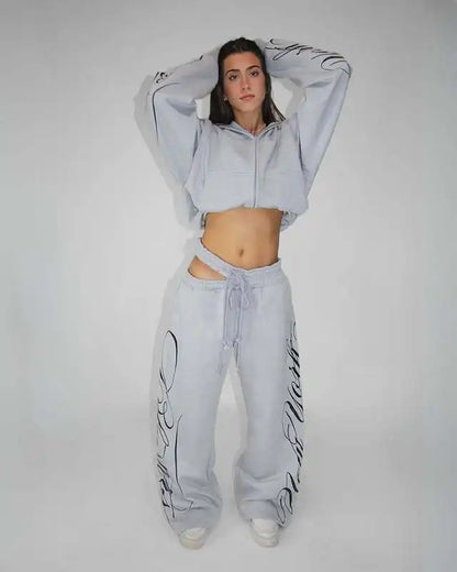 Apex Ritual – Grey 2 Piece Outfit – Script Print Oversized Hoodie & Wide Leg Pants Y2K Streetwear
