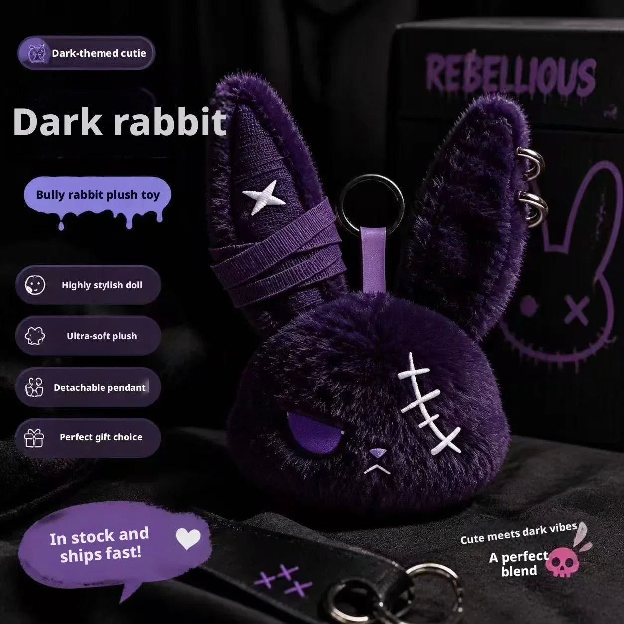 Apex Ritual – Hot Gothic Bunny Plush Keychain – Kawaii Rabbit Bag Charm Key Ring Pendant