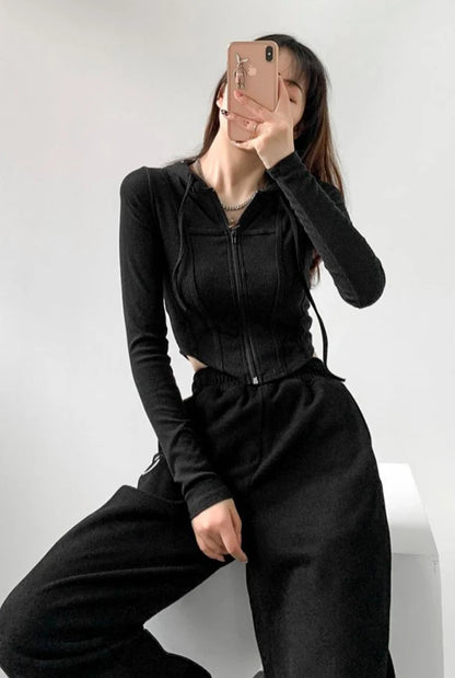 Apex Ritual – Thin Hooded Cardigan Women – Korean Vintage Slim Summer Striped Zipper Crop Top