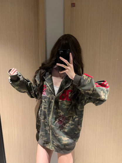 Apex Ritual – American Retro Camouflage Hoodie Jacket Women – Korean Style Oversize Cardigan
