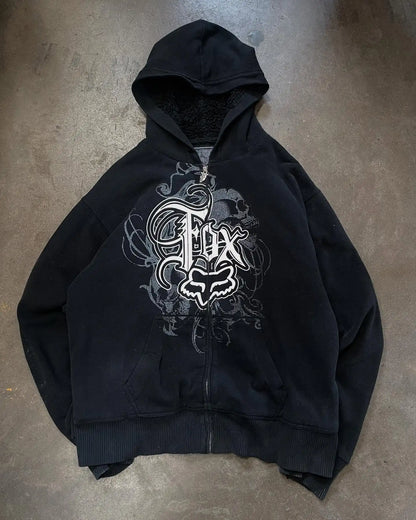 Apex Ritual – Vintage Y2K Skull Print Zip-Up Hoodie – Oversized Hip Hop Pullover Unisex