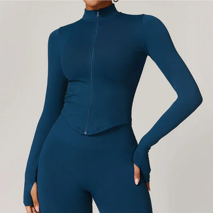 Apex Ritual – Ribbed Yoga Tops Women – Standing Collar Long Sleeve Fitness Top Gym Running Shirt