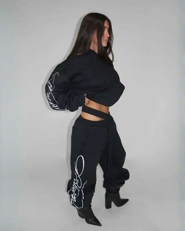 Apex Ritual – Grey 2 Piece Outfit – Script Print Oversized Hoodie & Wide Leg Pants Y2K Streetwear