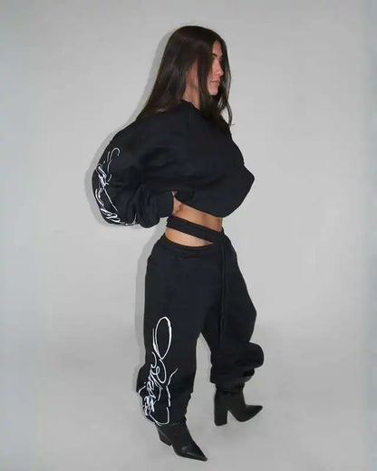 Apex Ritual – Grey 2 Piece Outfit – Script Print Oversized Hoodie & Wide Leg Pants Y2K Streetwear