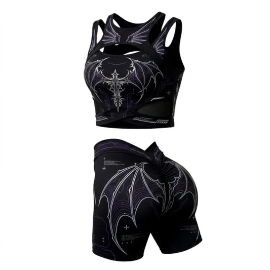 Apex Ritual – Women's Dragon Print 2-Piece Gothic Set – Cutout Tank Top & High-Waist Shorts