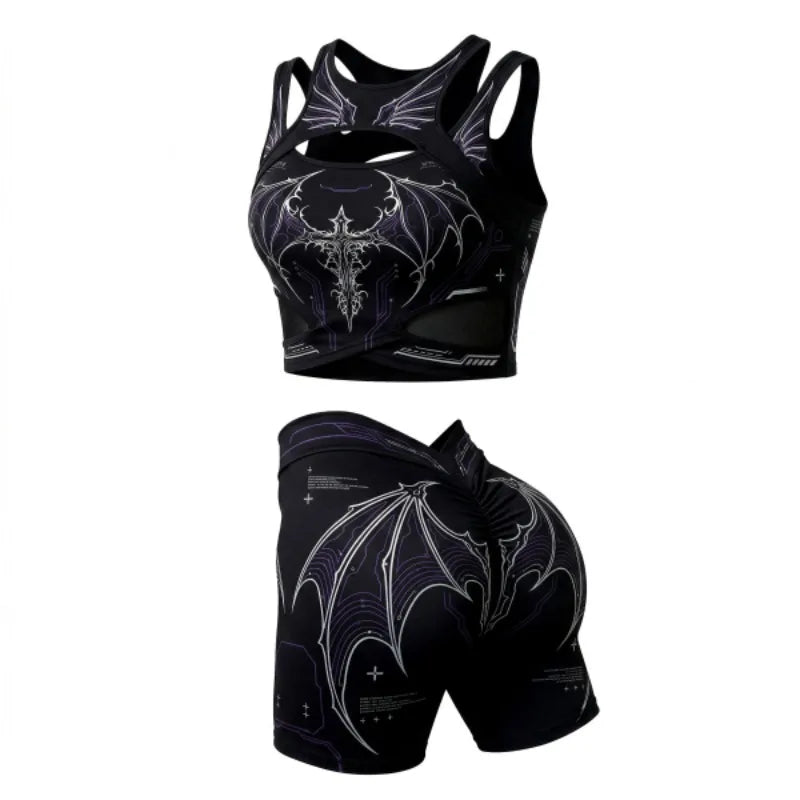Apex Ritual – Women's Dragon Print 2-Piece Gothic Set – Cutout Tank Top & High-Waist Shorts