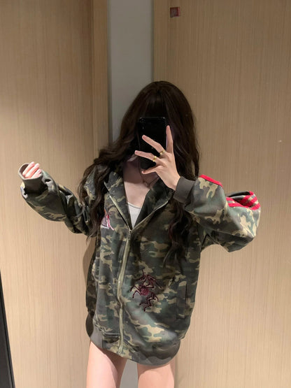 Apex Ritual – American Retro Camouflage Hoodie Jacket Women – Korean Style Oversize Cardigan