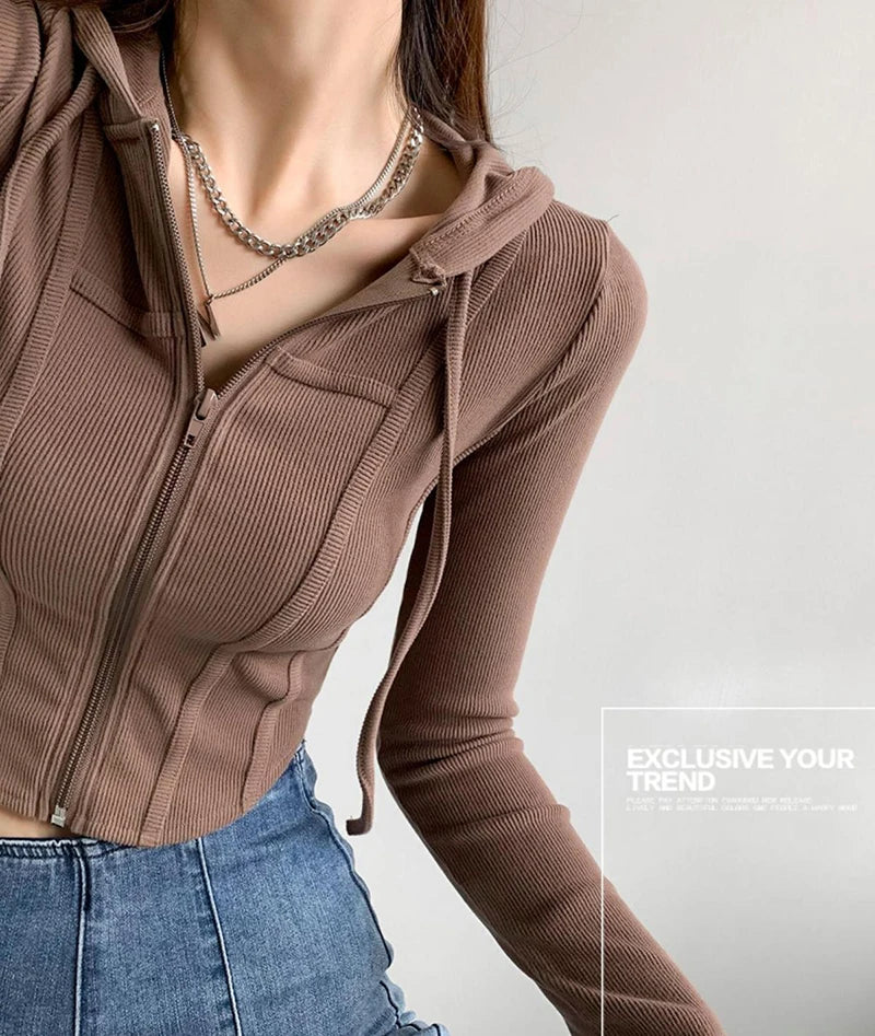 Apex Ritual – Thin Hooded Cardigan Women – Korean Vintage Slim Summer Striped Zipper Crop Top