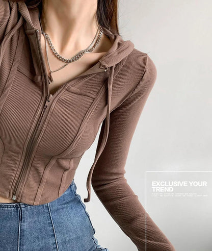 Apex Ritual – Thin Hooded Cardigan Women – Korean Vintage Slim Summer Striped Zipper Crop Top