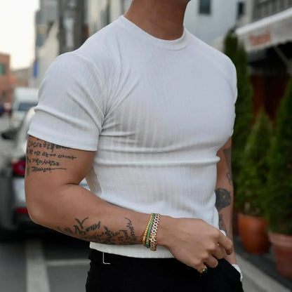Apex Ritual – Men's Vertical Stripe Training T-Shirt – Elastic Short Sleeve Summer Fitness Tee