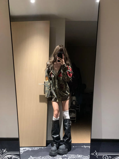 Apex Ritual – American Retro Camouflage Hoodie Jacket Women – Korean Style Oversize Cardigan