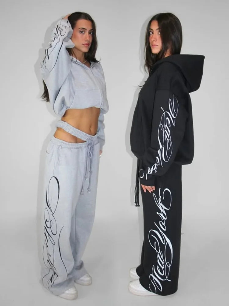 Apex Ritual – Grey 2 Piece Outfit – Script Print Oversized Hoodie & Wide Leg Pants Y2K Streetwear