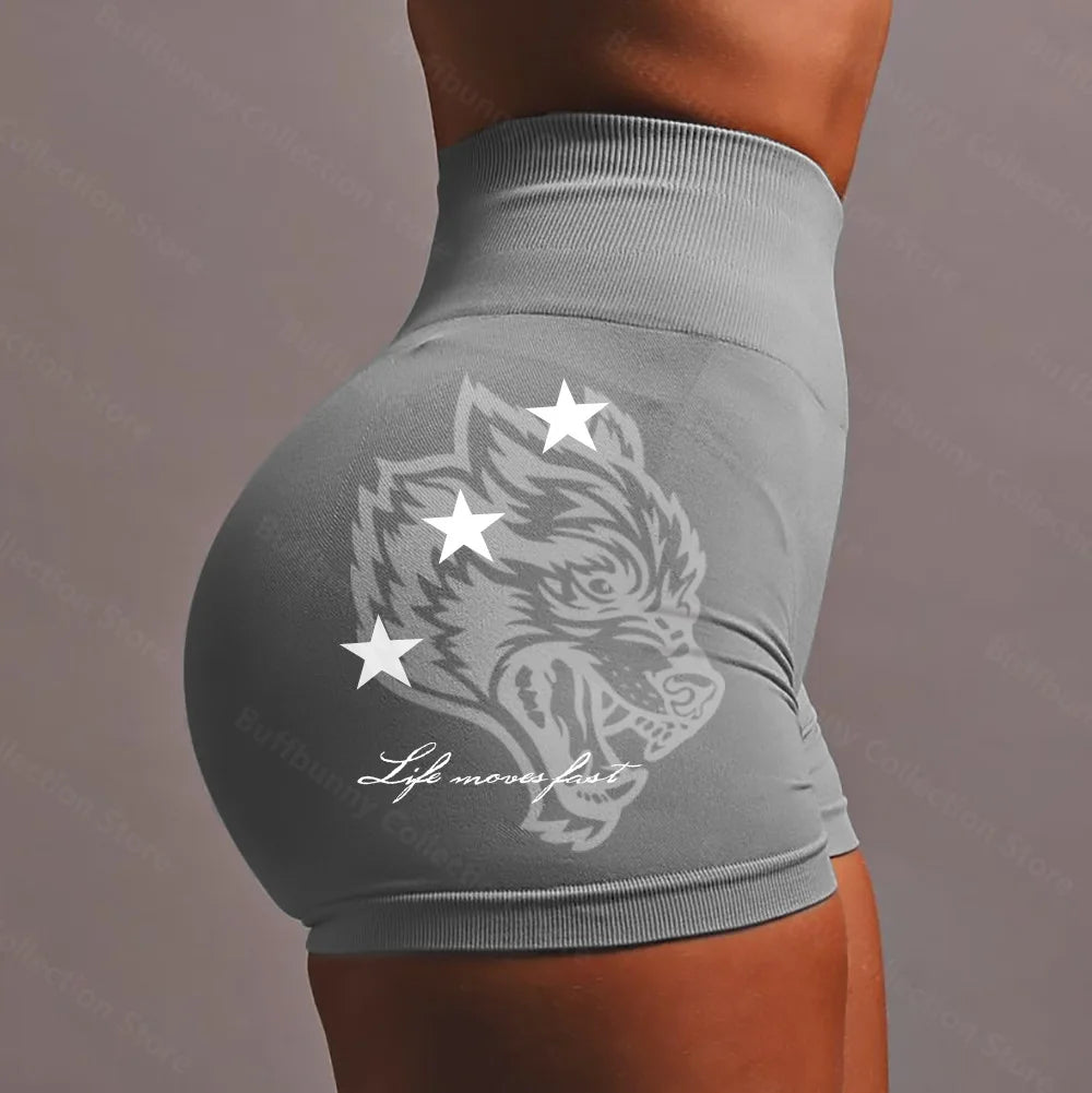 Apex Ritual – Wolf Head Sport Shorts Women – Seamless Knitted Thigh-Lifting Yoga Pants