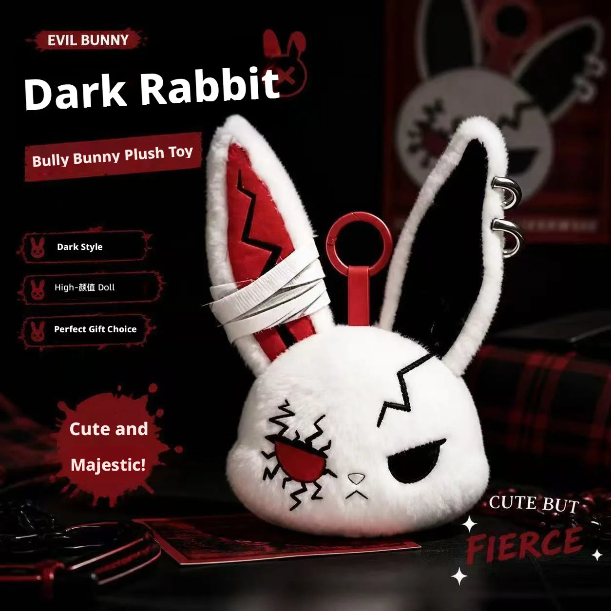 Apex Ritual – Hot Gothic Bunny Plush Keychain – Kawaii Rabbit Bag Charm Key Ring Pendant