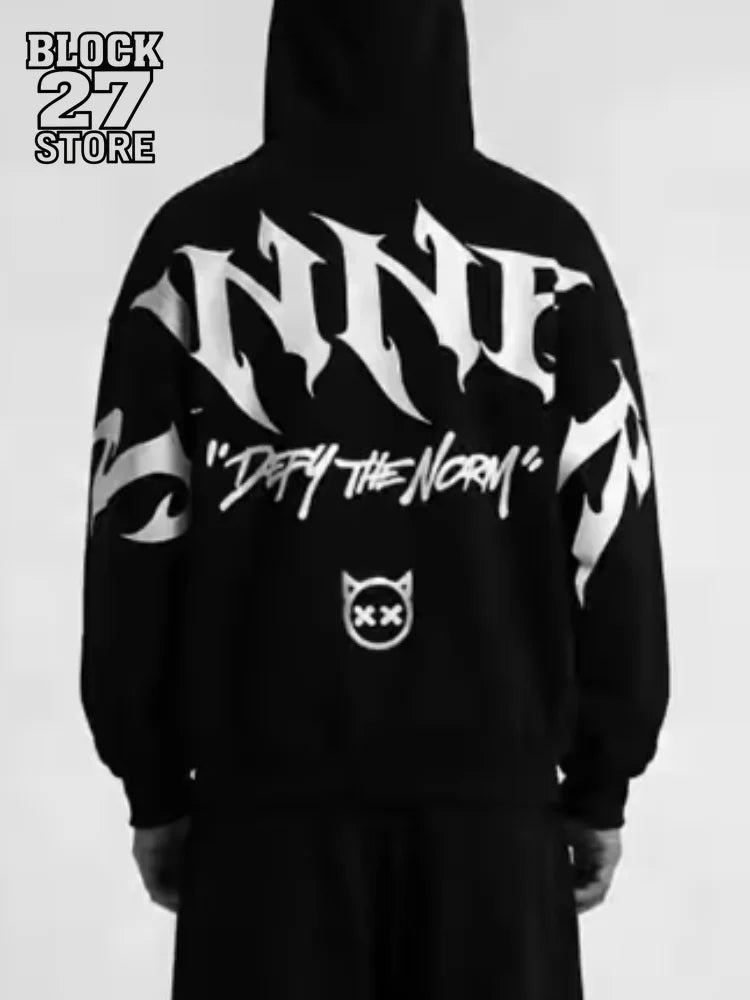 Apex Ritual – Men's Gothic Moon Print Oversized Hoodie – Black Streetwear Pullover Sweatshirt