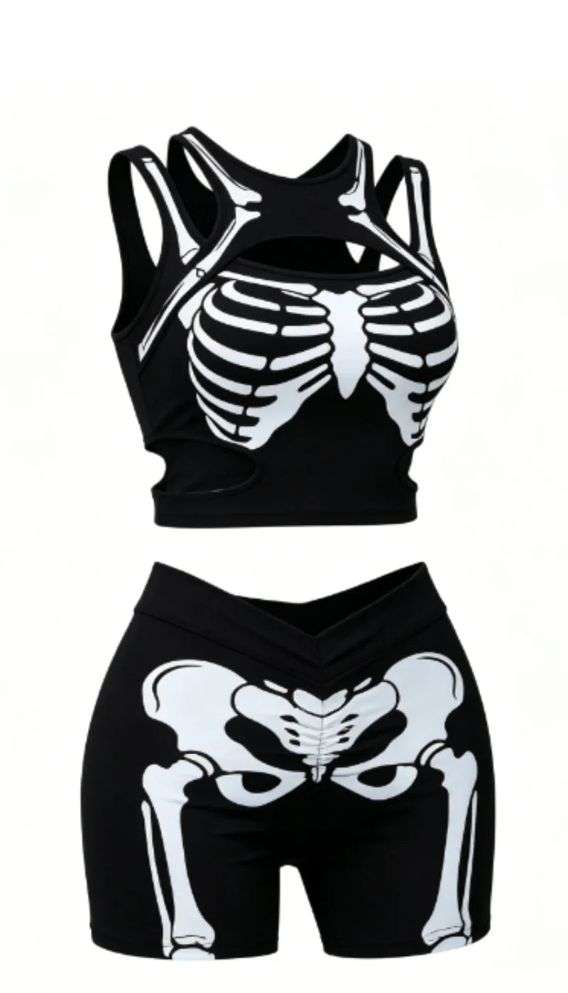Apex Ritual – Women's Dragon Print 2-Piece Gothic Set – Cutout Tank Top & High-Waist Shorts
