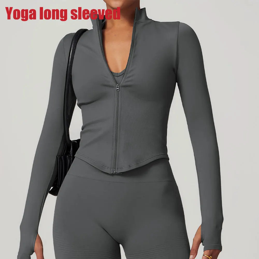 Apex Ritual – Ribbed Yoga Tops Women – Standing Collar Long Sleeve Fitness Top Gym Running Shirt