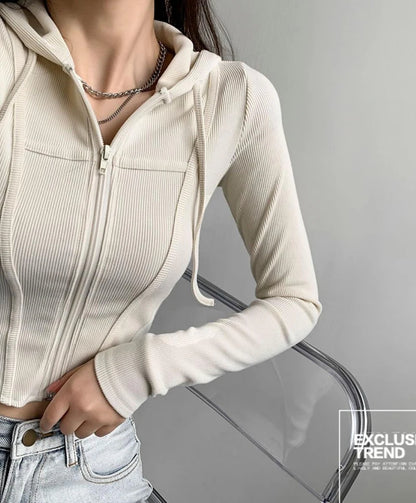 Apex Ritual – Thin Hooded Cardigan Women – Korean Vintage Slim Summer Striped Zipper Crop Top