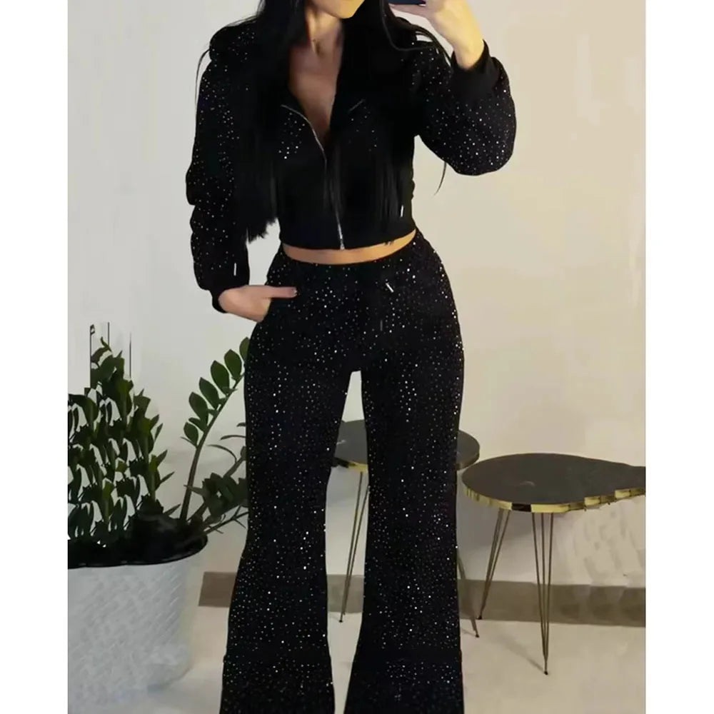 Apex Ritual – Hot Drilling Design Hoodie – High Waist Long Pants Fashion Casual Women's Tracksuit