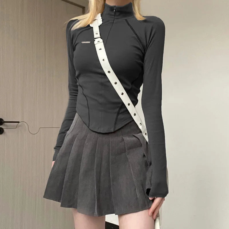 Apex Ritual Women's Y2K Crop Top – Zip Turtleneck Long-Sleeve Streetwear