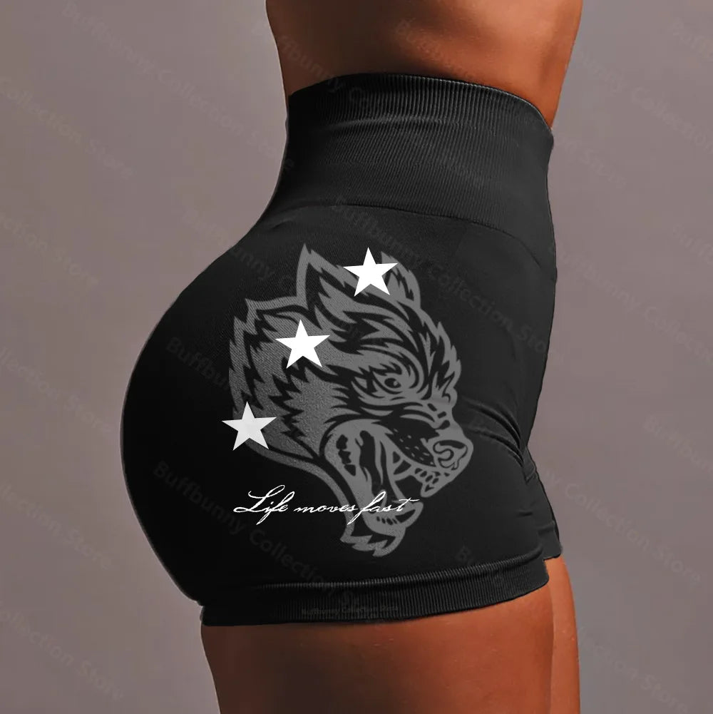 Apex Ritual – Wolf Head Sport Shorts Women – Seamless Knitted Thigh-Lifting Yoga Pants