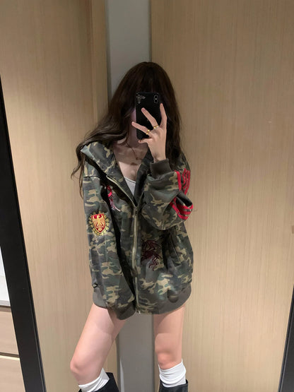 Apex Ritual – American Retro Camouflage Hoodie Jacket Women – Korean Style Oversize Cardigan