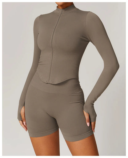 Apex Ritual – Ribbed Yoga Tops Women – Standing Collar Long Sleeve Fitness Top Gym Running Shirt