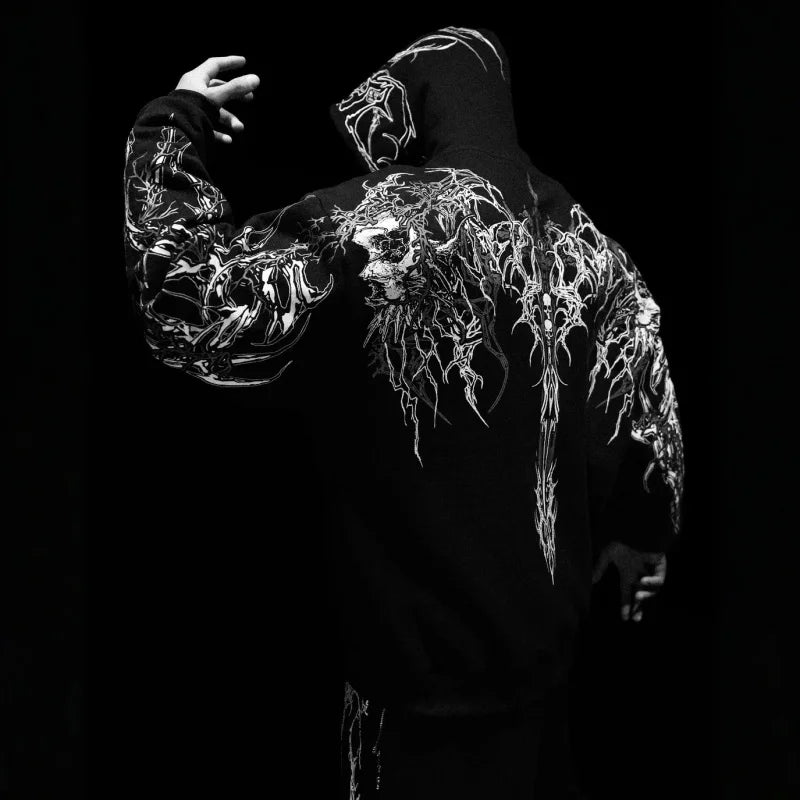 Apex Ritual – Men's Dark Floral Hooded Sweatshirt – Oversized American Streetwear Fitness Pullover