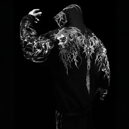 Apex Ritual – Men's Dark Floral Hooded Sweatshirt – Oversized American Streetwear Fitness Pullover