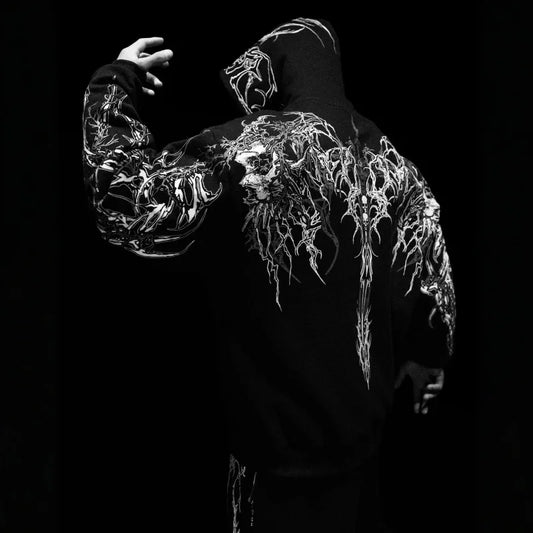 Apex Ritual – Men's Dark Floral Hooded Sweatshirt – Oversized American Streetwear Fitness Pullover
