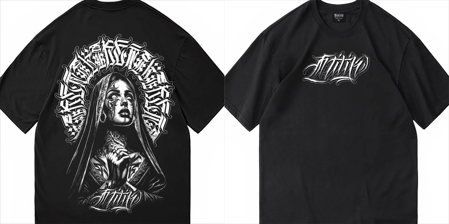 Apex Ritual – Men's Chicano Gothic Oversized T-Shirt – Dark Script Graphic Streetwear Tee