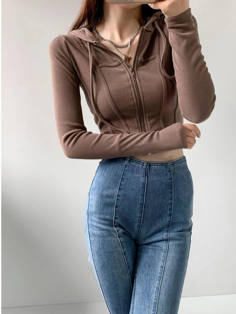 Apex Ritual – Thin Hooded Cardigan Women – Korean Vintage Slim Summer Striped Zipper Crop Top