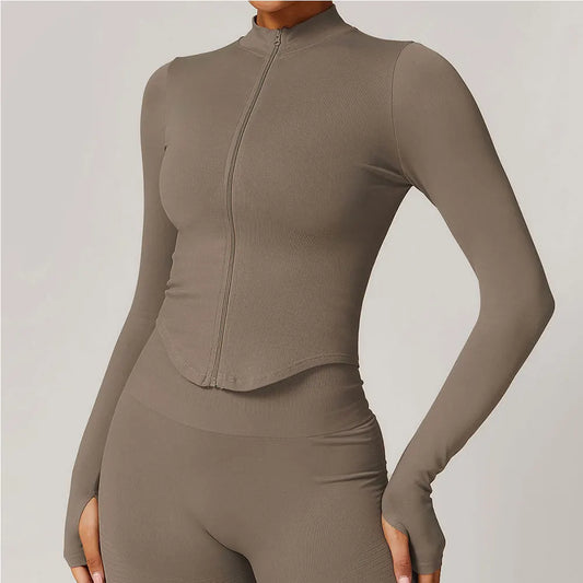 Apex Ritual – Ribbed Yoga Tops Women – Standing Collar Long Sleeve Fitness Top Gym Running Shirt