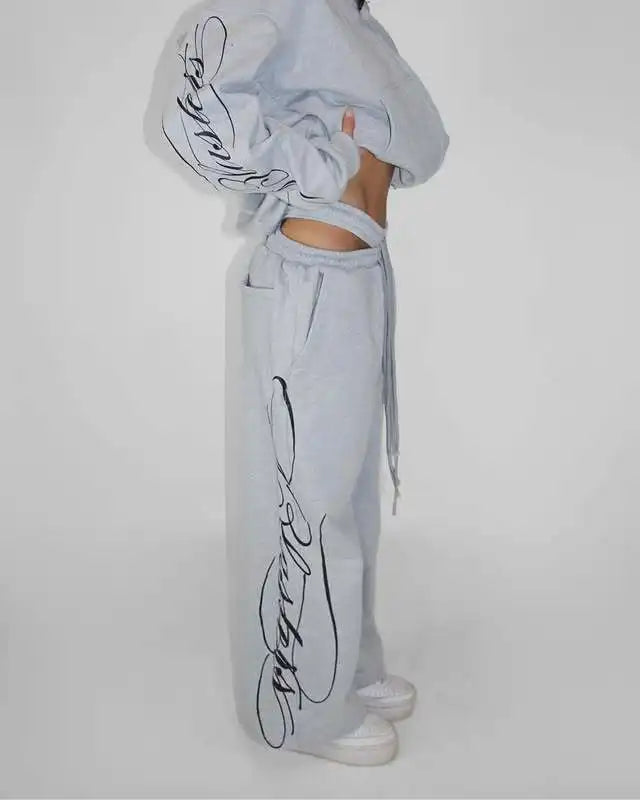 Apex Ritual – Grey 2 Piece Outfit – Script Print Oversized Hoodie & Wide Leg Pants Y2K Streetwear