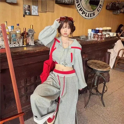 Apex Ritual – American Hot Girl Casual Sportswear Set – Color Collision Hoodie Jacket & Short Pants