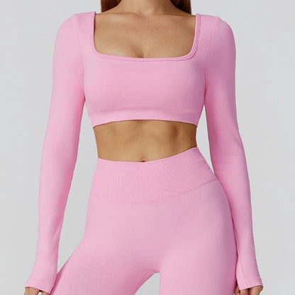 Apex Ritual – Seamless Quick-Dry Sportswear – Women's Square Neck Gym Crop Top & Long Sleeve