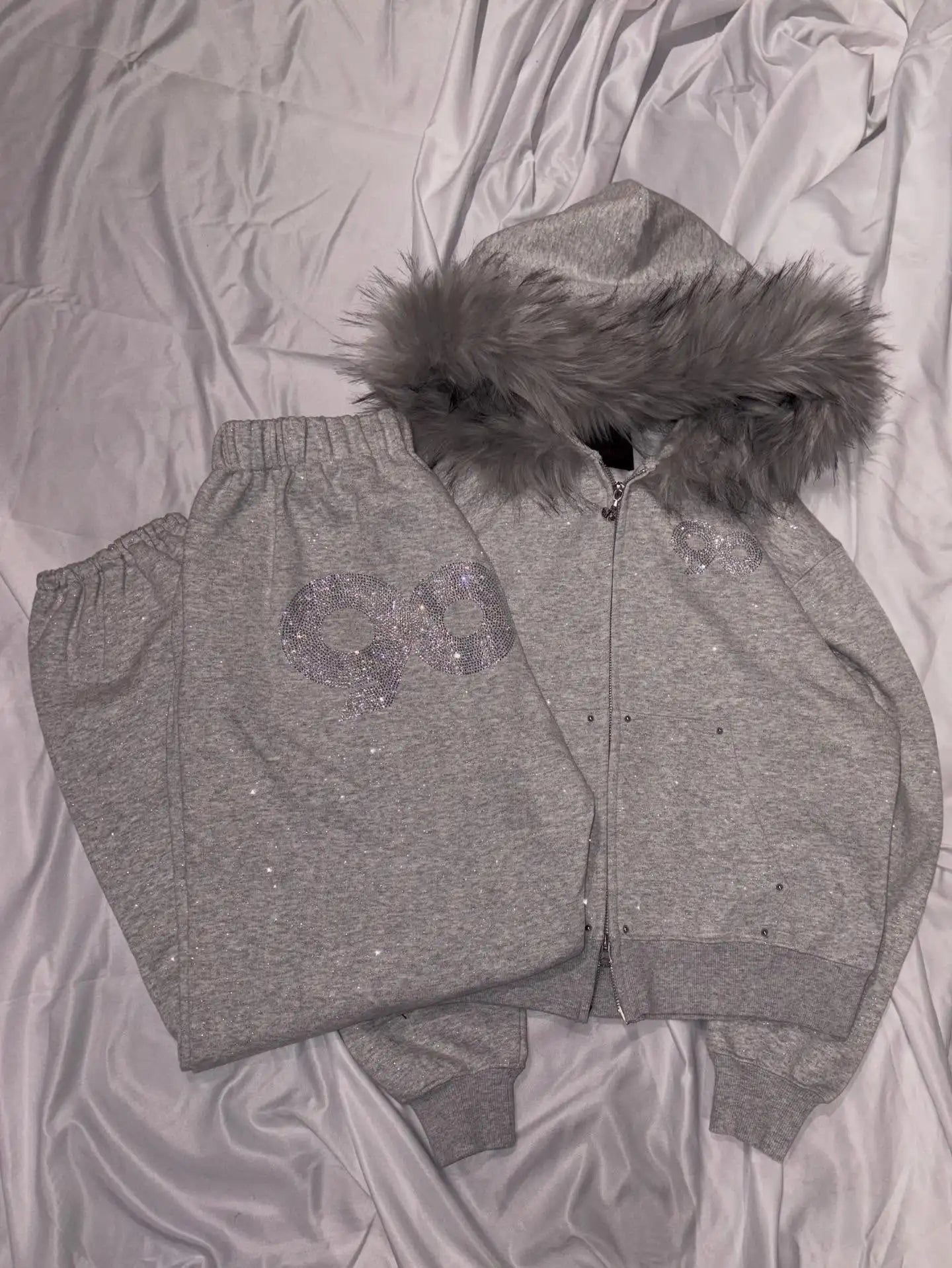 Apex Ritual – 90s Retro Fur Trim Hoodie & Pants Set – Y2K Aesthetic Leopard Print Rhinestone Joggers