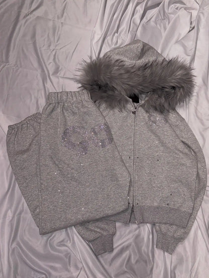 Apex Ritual – 90s Retro Fur Trim Hoodie & Pants Set – Y2K Aesthetic Leopard Print Rhinestone Joggers