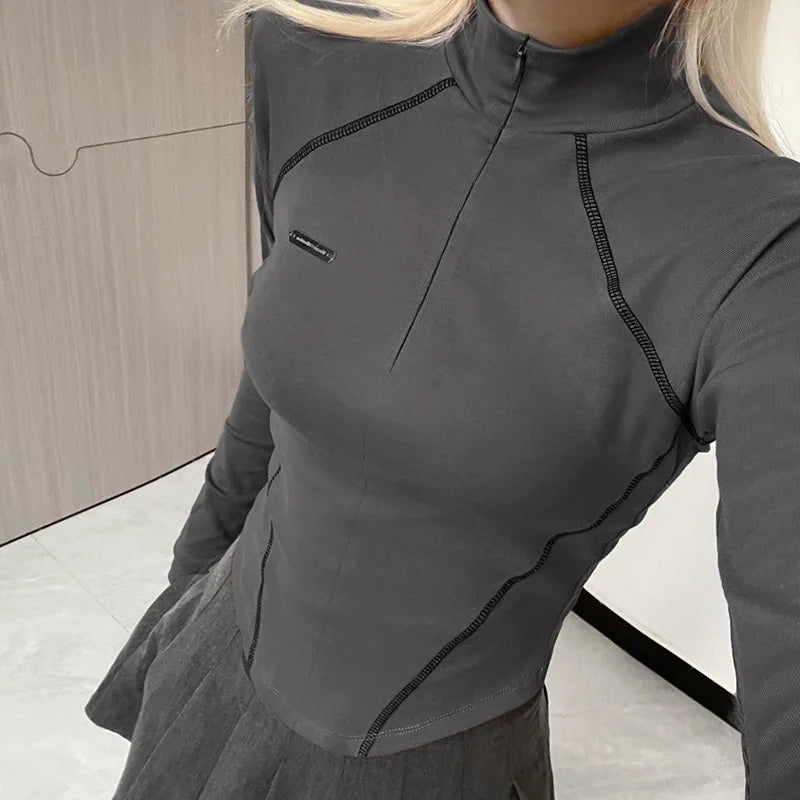 Apex Ritual Women's Y2K Crop Top – Zip Turtleneck Long-Sleeve Streetwear