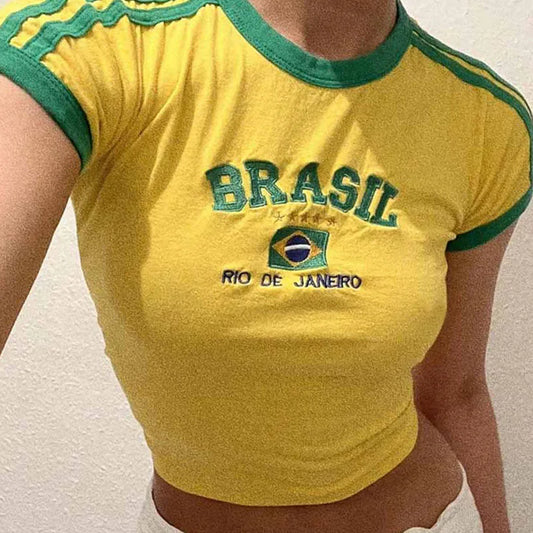 Apex Ritual – Women's Brasil Letter Crop Top & Shorts Set – Y2K Vintage Grunge Summer Suit