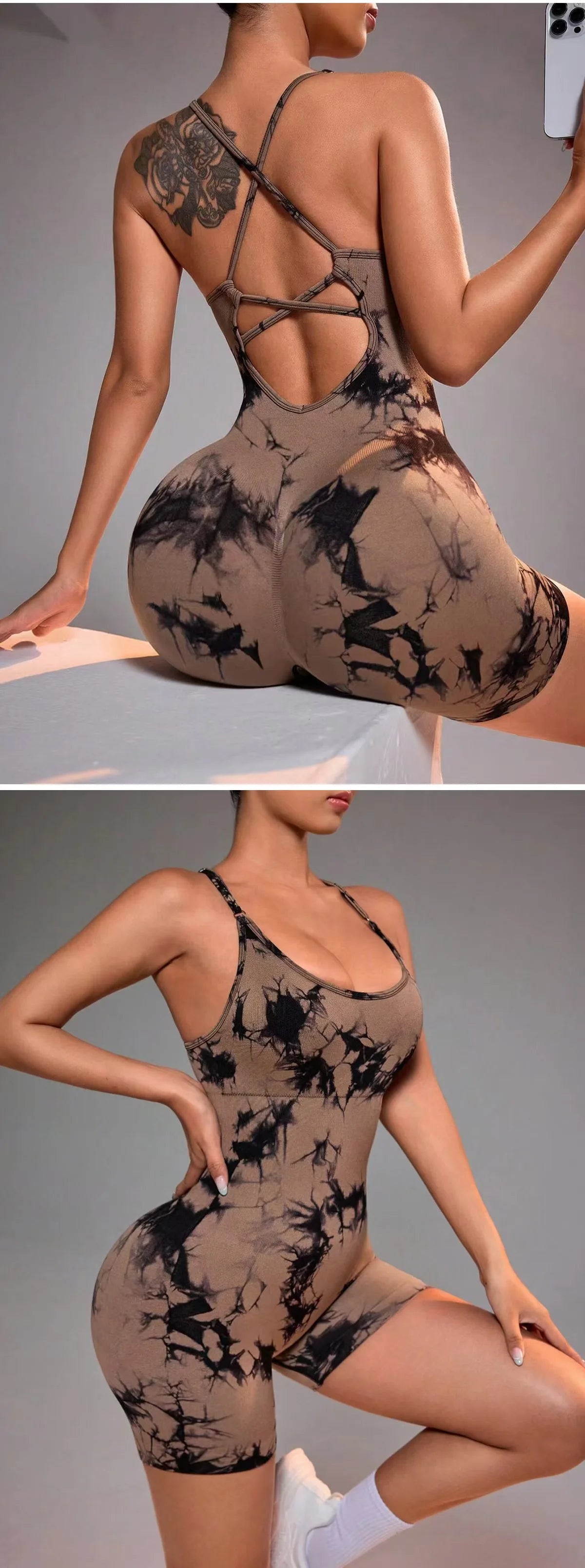 Apex Ritual – Women's Tie-Dye Seamless Yoga Bodysuit – High-Cut Strappy Dance & Gym Unitard