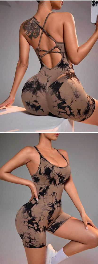 Apex Ritual – Women's Tie-Dye Seamless Yoga Bodysuit – High-Cut Strappy Dance & Gym Unitard