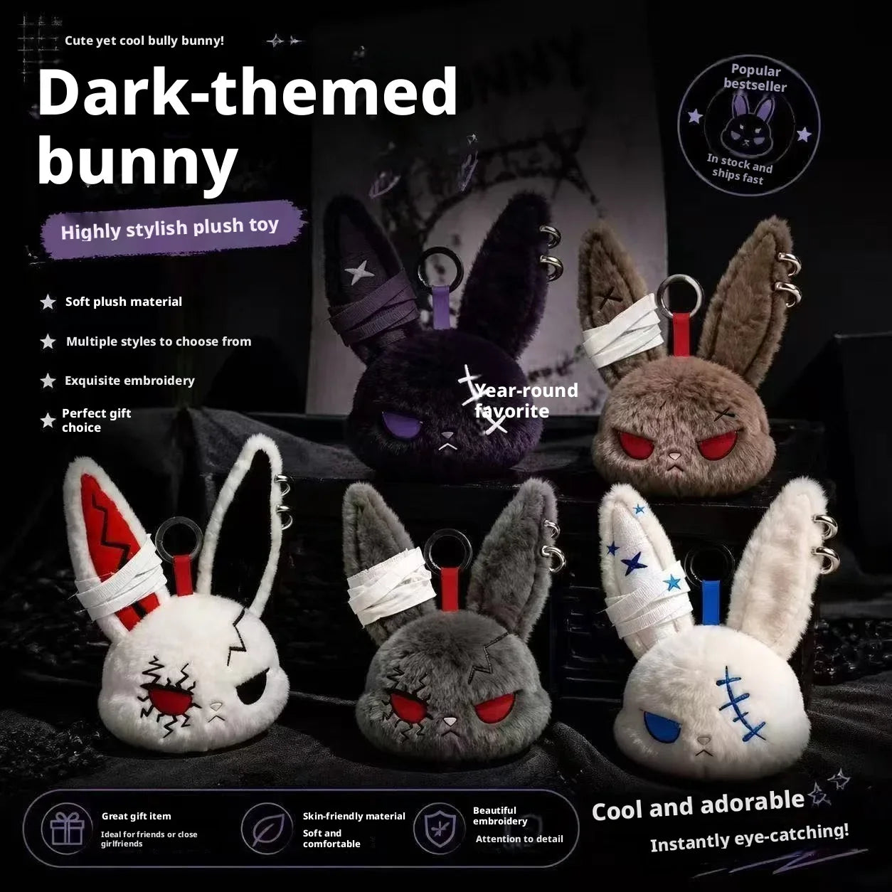 Apex Ritual – Hot Gothic Bunny Plush Keychain – Kawaii Rabbit Bag Charm Key Ring Pendant